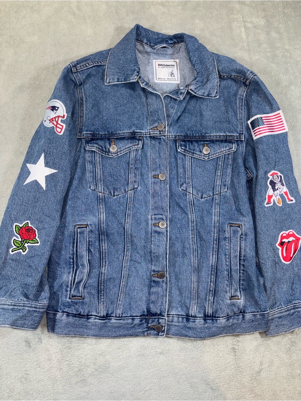 BROdenim by Laura Brodigan New England Patriots Reworked Patchwork Denim Jacket